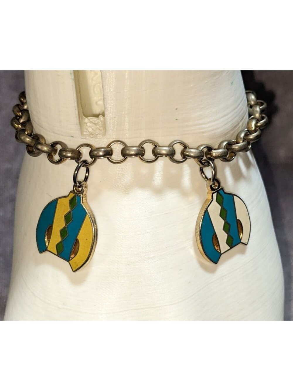 Vintage Retro Mod Blue Moon Enamel Sweater Charm Chain Bracelet